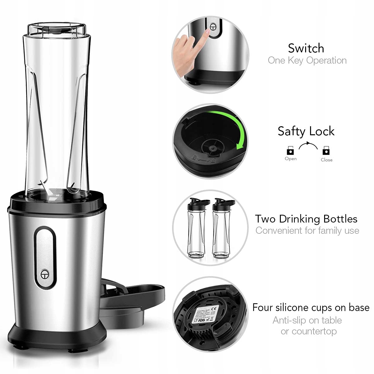 Qxmcov Blender 500W Mini Smoothie Maker 2x600ml BPA Free Stal Nierdzewna — miniatura 6