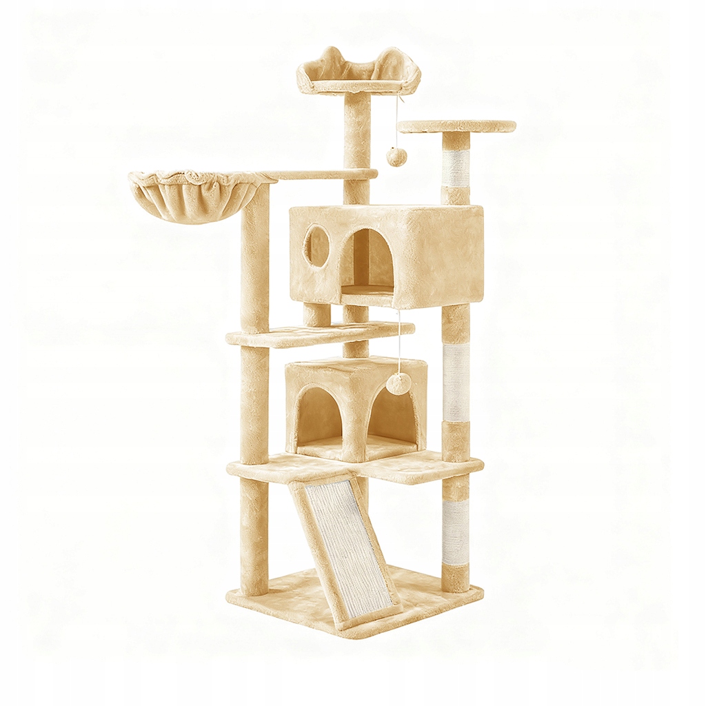 Velký kočičí strom s mnoha úrovněmi, škrabadlem a hračkou.