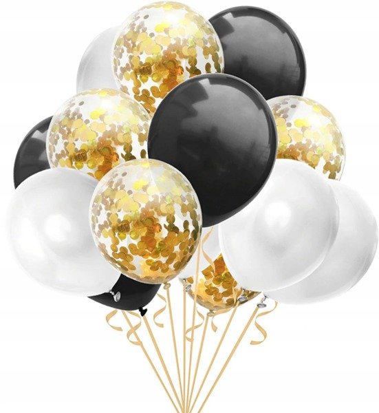 

Balony Czarne Białe z konfetti Złote na ślub 15szt