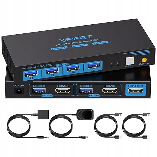 Přepínač Kvm Hdmi 2x1 4K 60Hz Usb 3.0 Kvm Switch Ovládání 2 Počítače