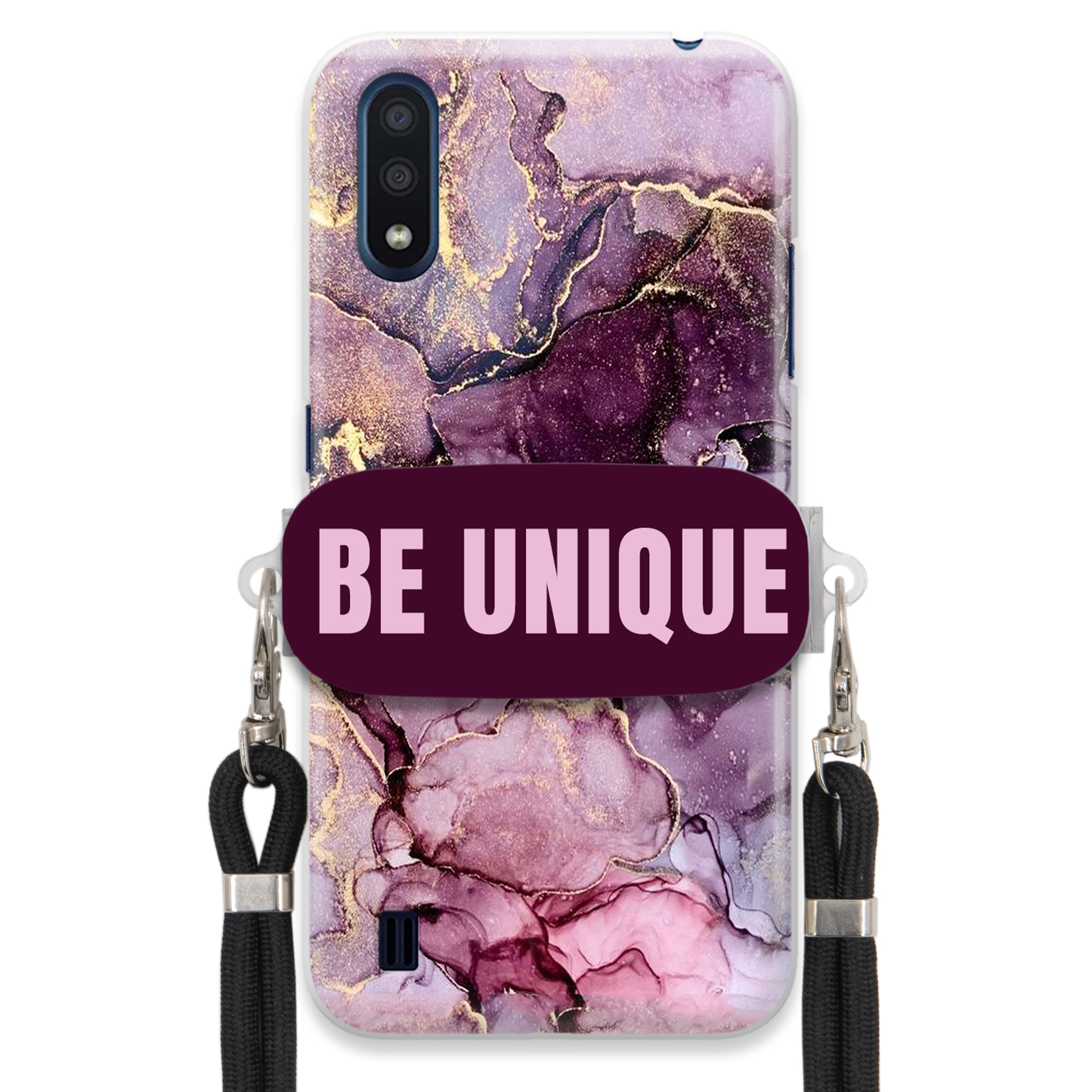 Prémiové puzdro pre Samsung M01 Case Uchywt Šnúrka Čierna Fialová Mramor