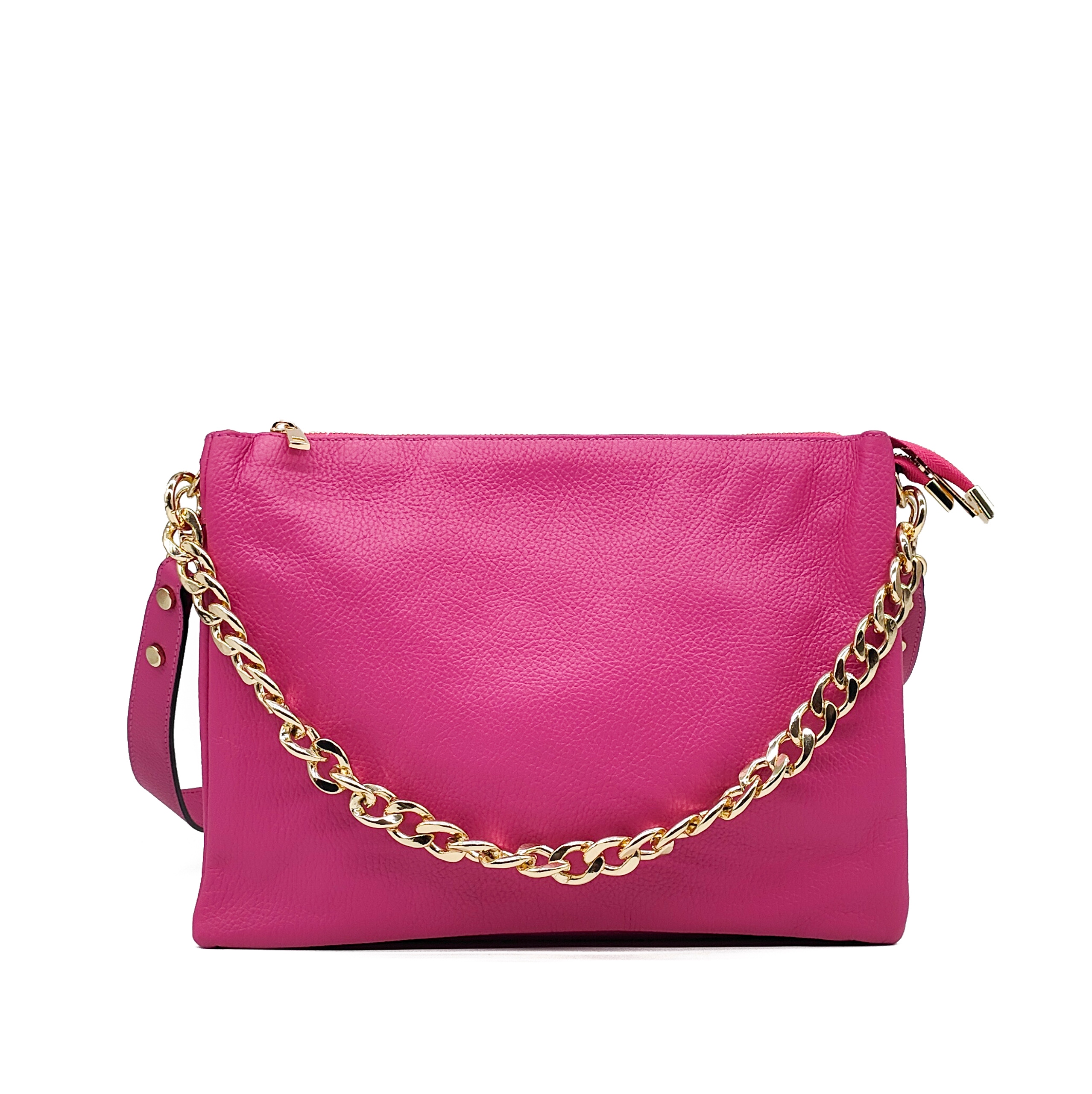 Velká kabelka přes rameno z přírodní kůže růžová fuchsiová, dva proužky