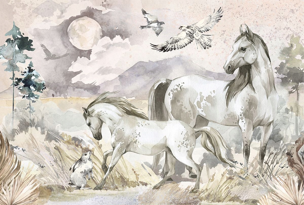 Vinylová vliesová tapeta pro dívku, koně na louce, 368 x 248 cm