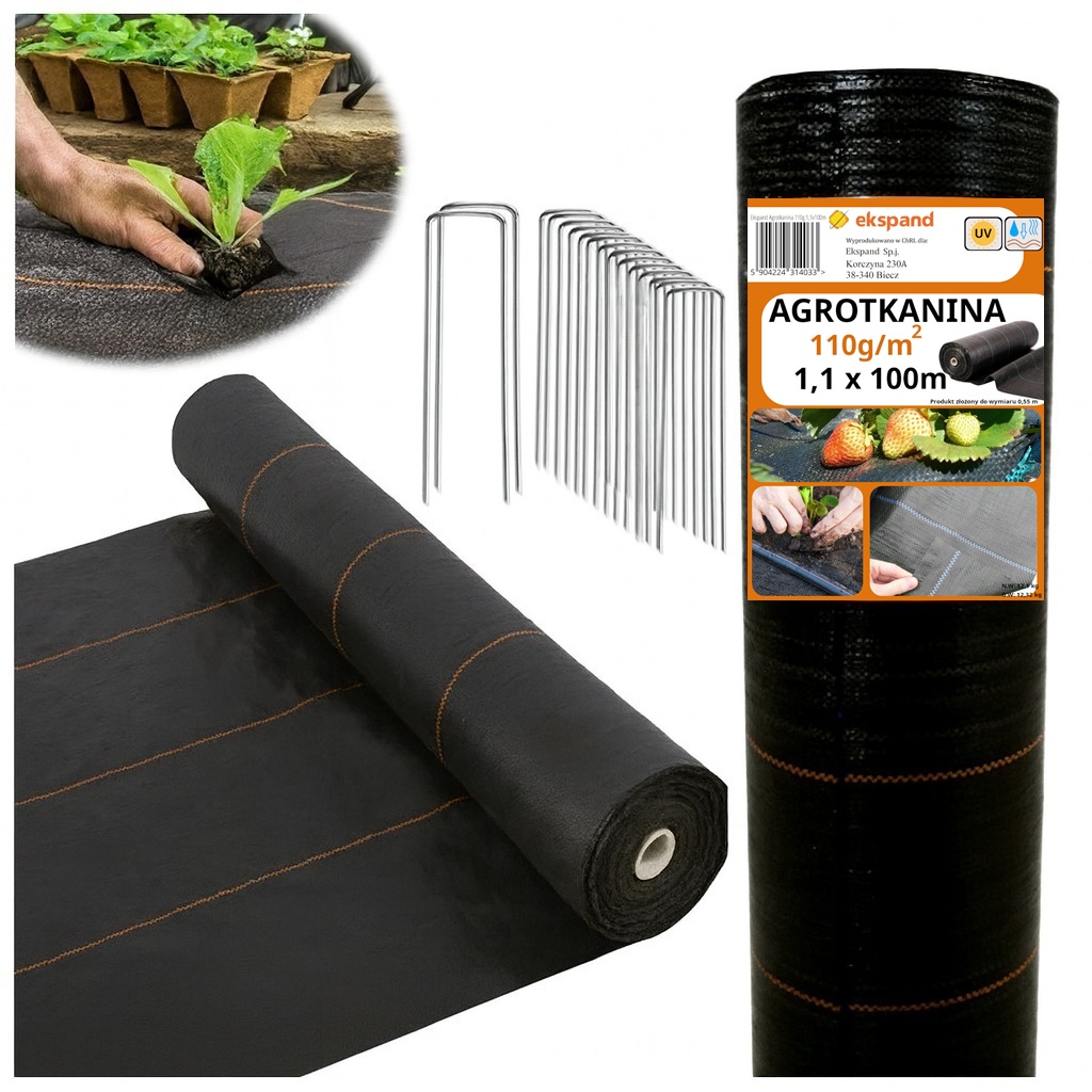 AGROTKANINA 110g 1,1x100m AGROWŁÓKNINA czarna UV antychwastowa mata SZPILKI