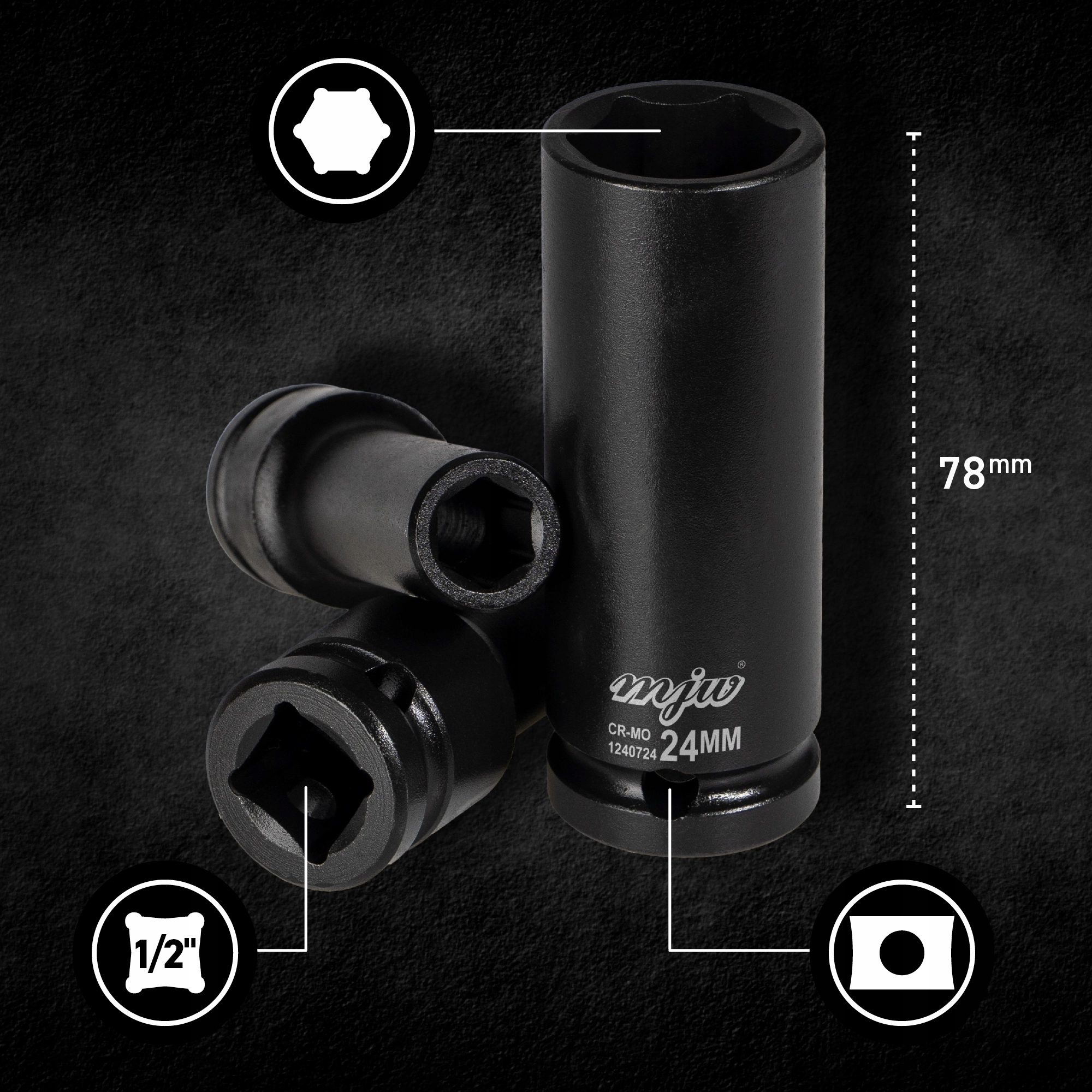 MJW Zestaw nasadek udarowych długich 1/2" 6-kąt Rodzaj klucza nasadowy