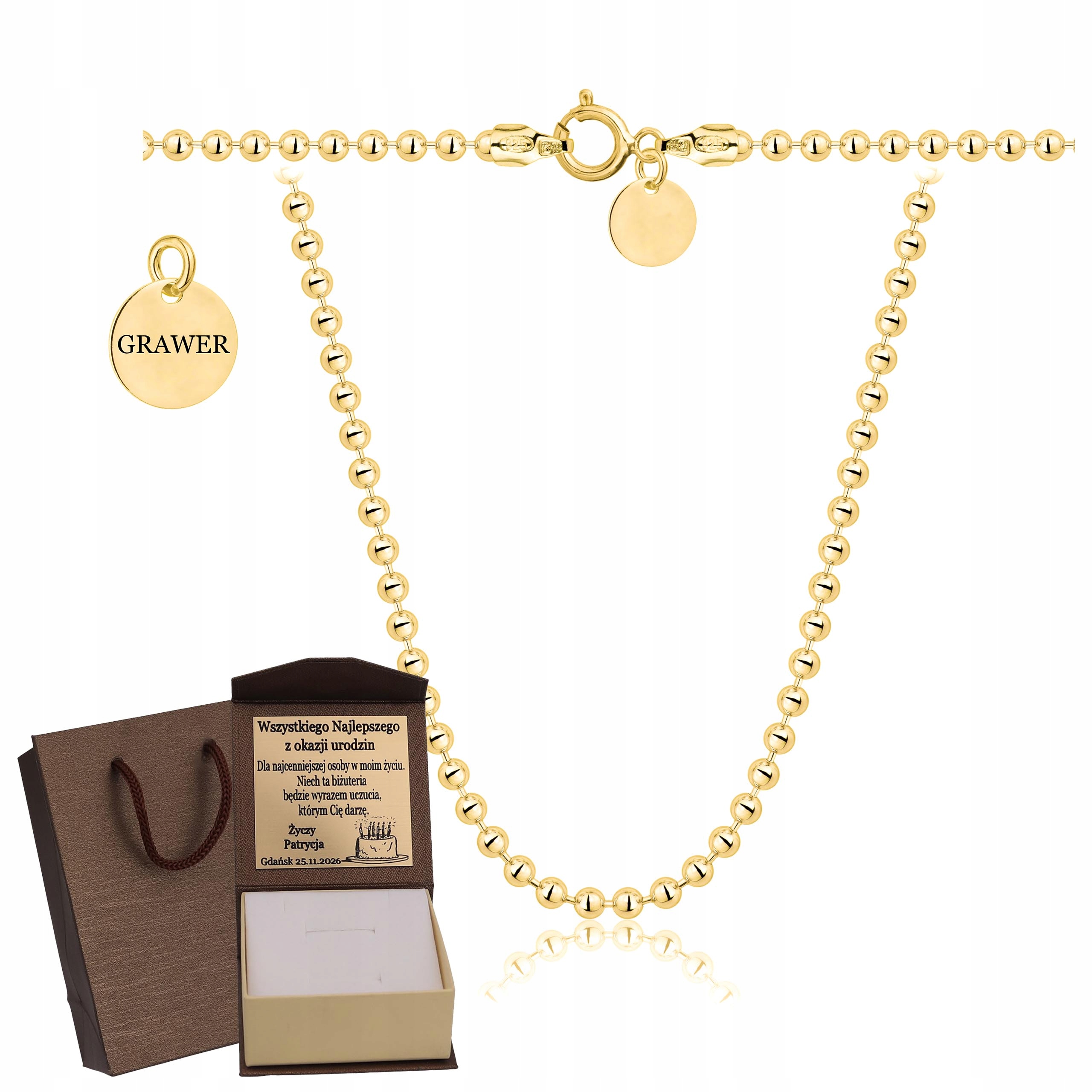 Zlatý Plný Řetízek Pánský Kuličkový Ryzost 925 585 Pevný Gravírování Bonus