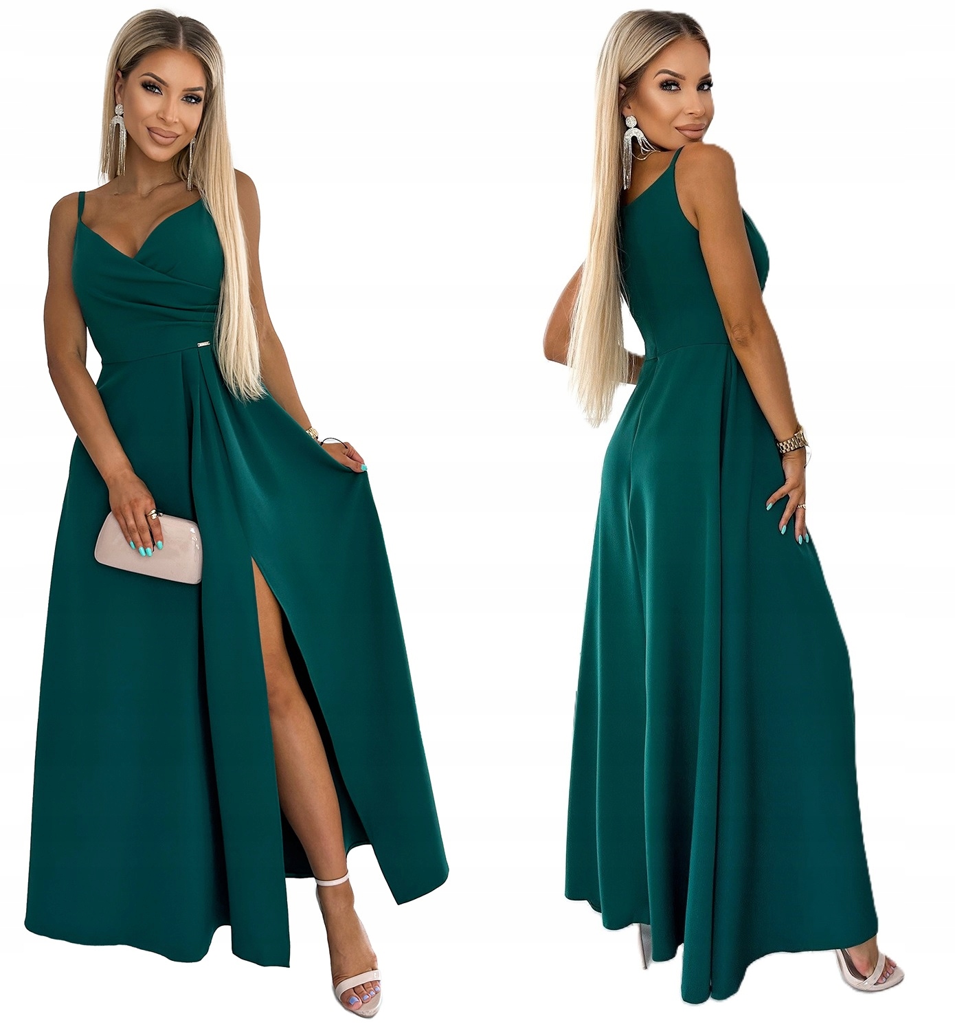 Elegantní Dlouhá Šaty Na Ramínka S Velkým Výstřihem Na Boku, Zelená L