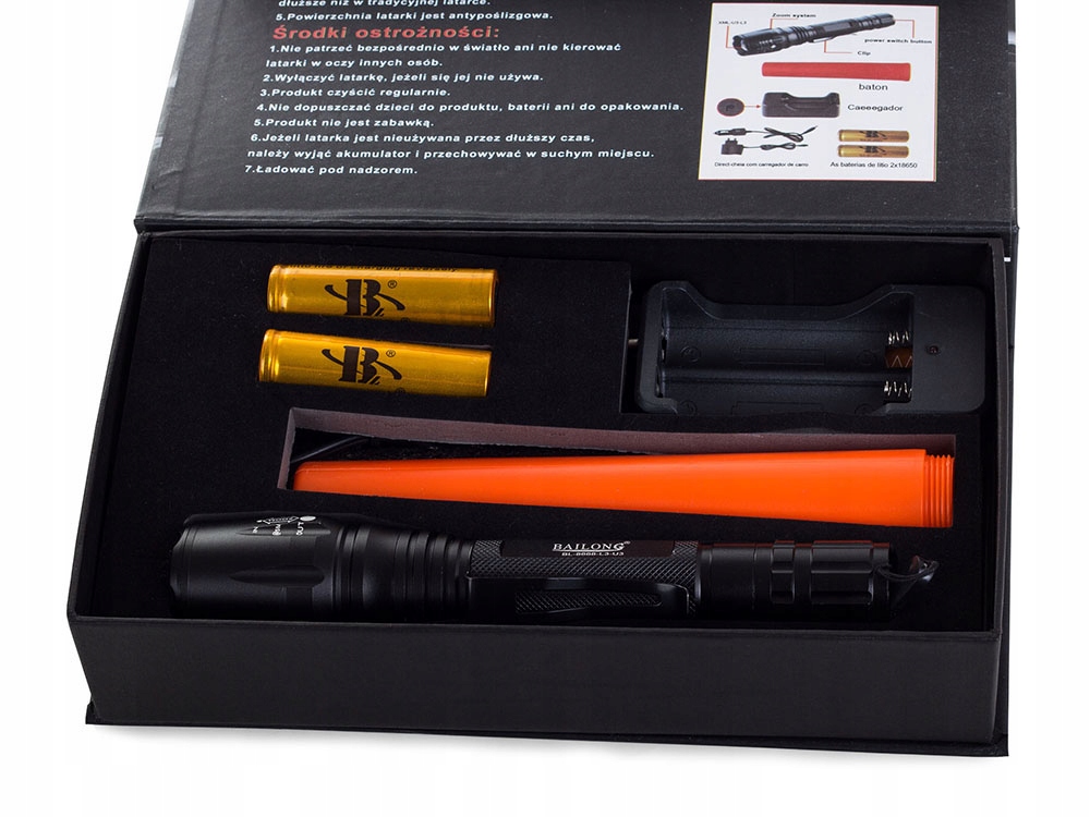 LATARKA TAKTYCZNA BAILONG ZOOM LED CREE XM-L3-U3 MOCNA SZPERACZ REFLEKTOR Długość 21.5 cm