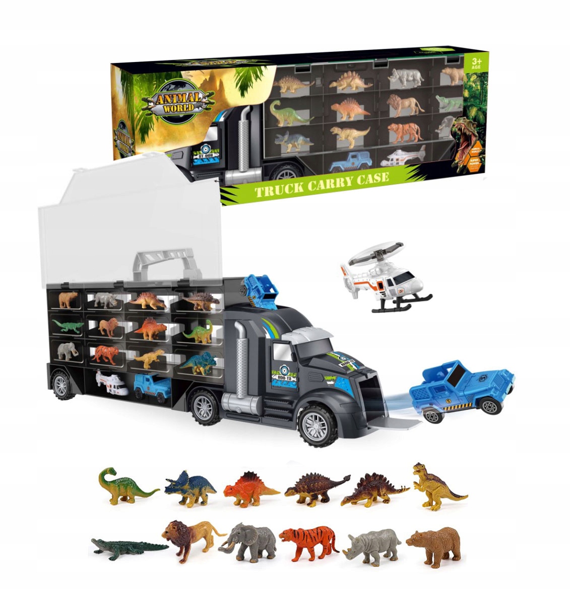 

Tir Ciężarówka Wyrzutnia Auto Helikopter Dinozaury