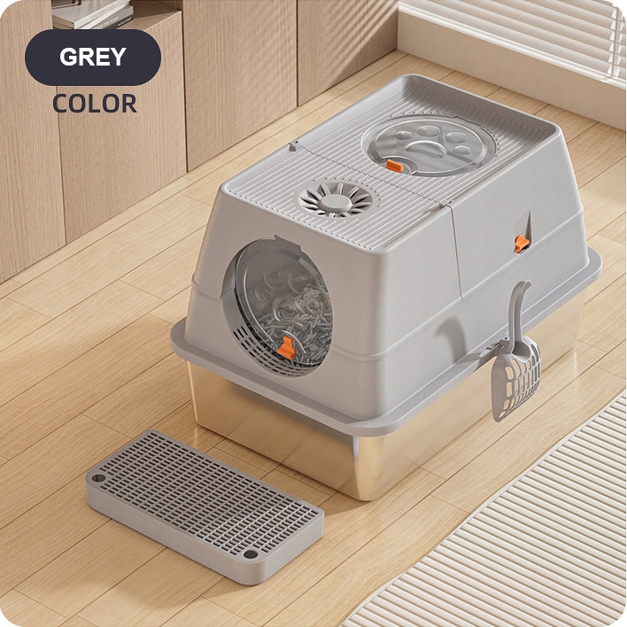 Uzavřená toaleta pro kočky z nerezové oceli – šedá