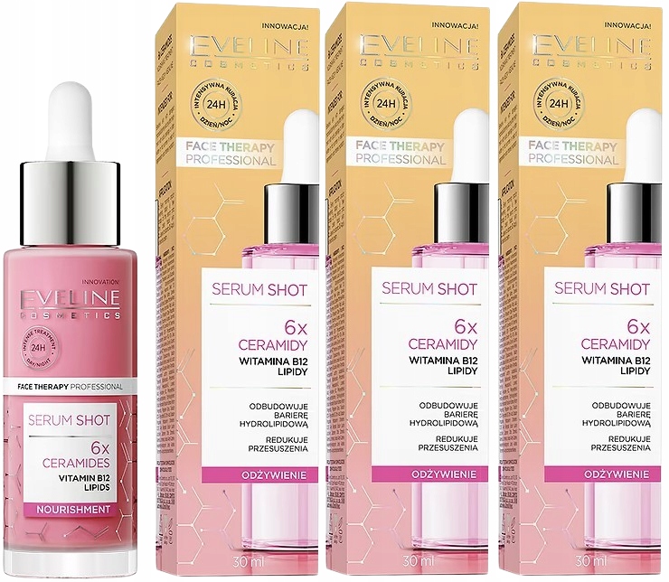 3 kusy Sérum Shot Ceramidy Výživa Eveline 30 ml Vitamín B12 Hydratuje