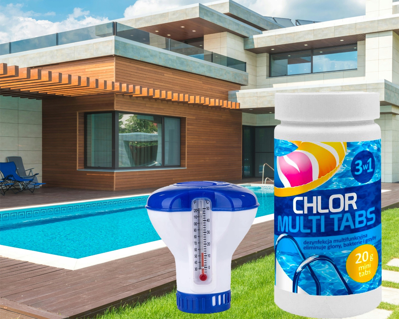 ZESTAW MULTI TABLETKI BLUE DO BASENÓW CHLOR PŁYWAK Z TERMOMETREM Rodzaj z dozownikiem chemii