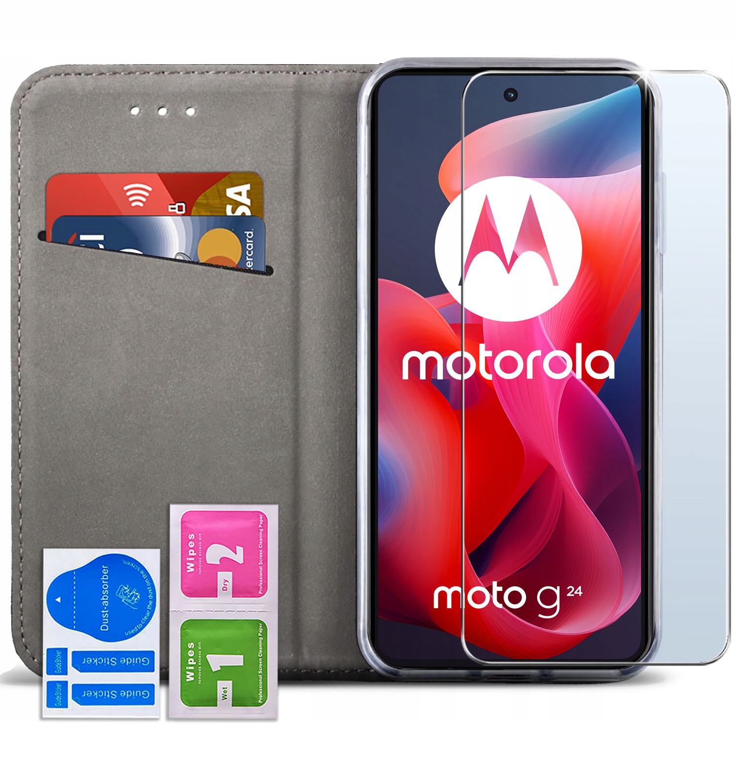 ETUI SKÓRZANE do MOTOROLA MOTO G24|G04 MAGNETYCZNE BOOK CASE TOKRA SZKŁO 9H Marka KrainaGSM