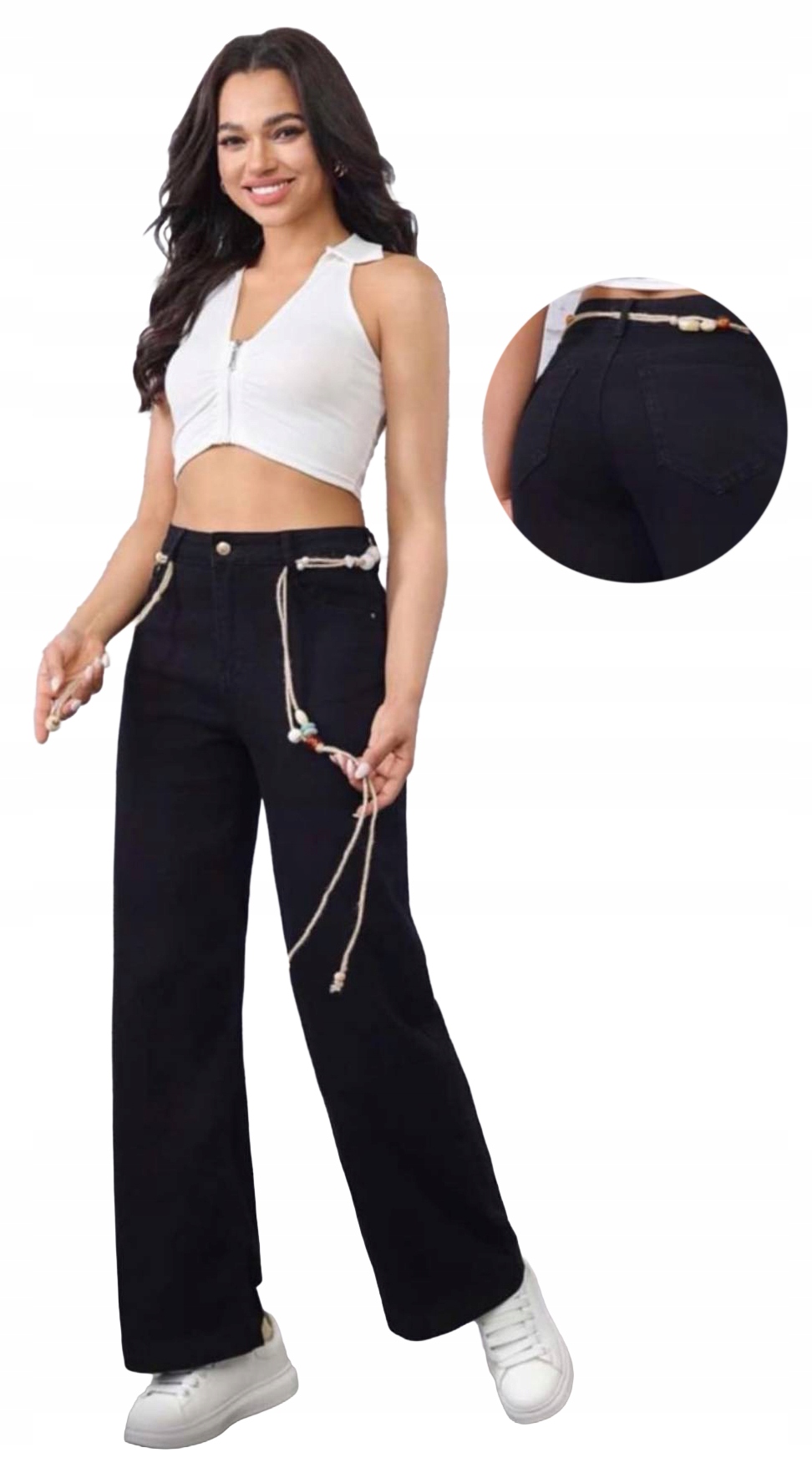 Wide Leg Spodnie jeans damskie wysoki stan Czarne Prosta Nogawka Black