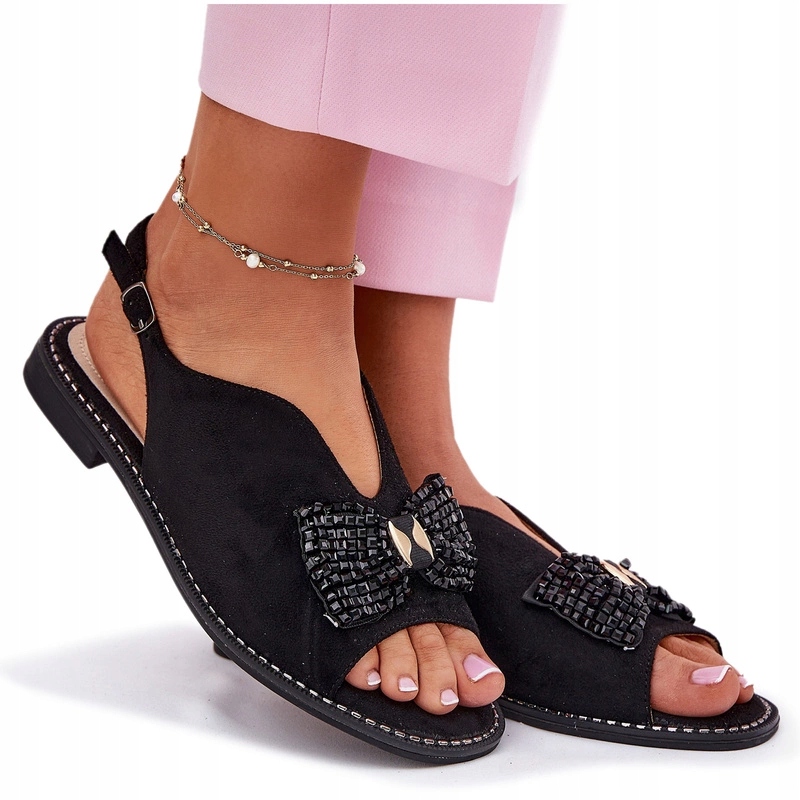 Dámské Sandály Plochý Podpatek Eko Semiš Mašlička S.barski KV51-014 Černé 38