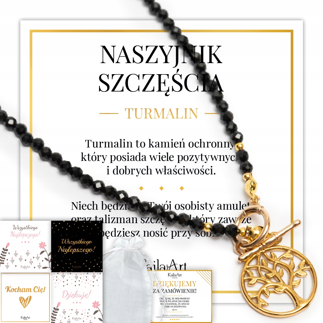 Naszyjnik Czarny Turmalin Z Kamieni Naturalnych Drzewko Łańcuszek Złoty