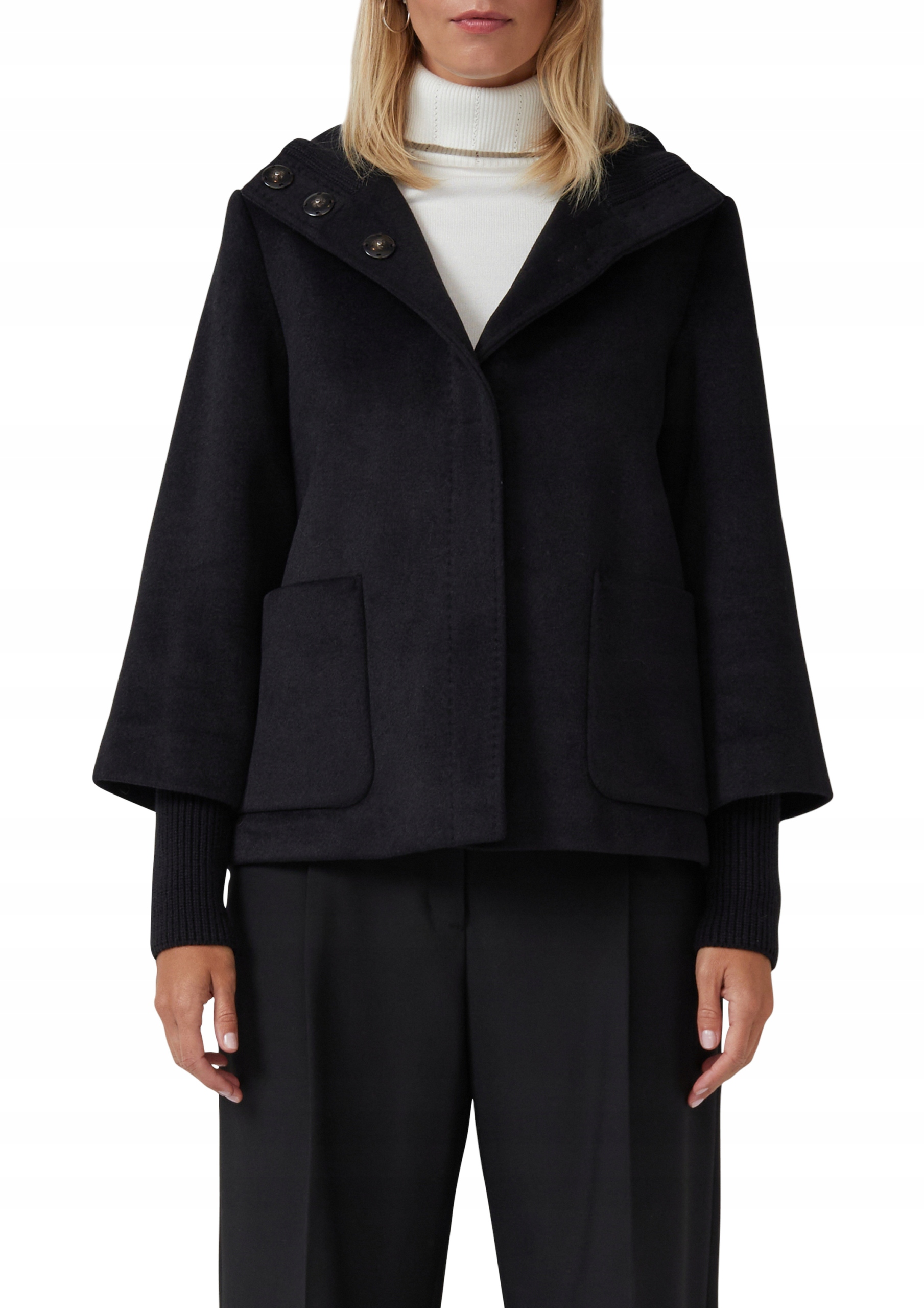 S.oliver Černý Kabát S Kapucí Krátký S Kapsami A Vlnou 40 Jqc