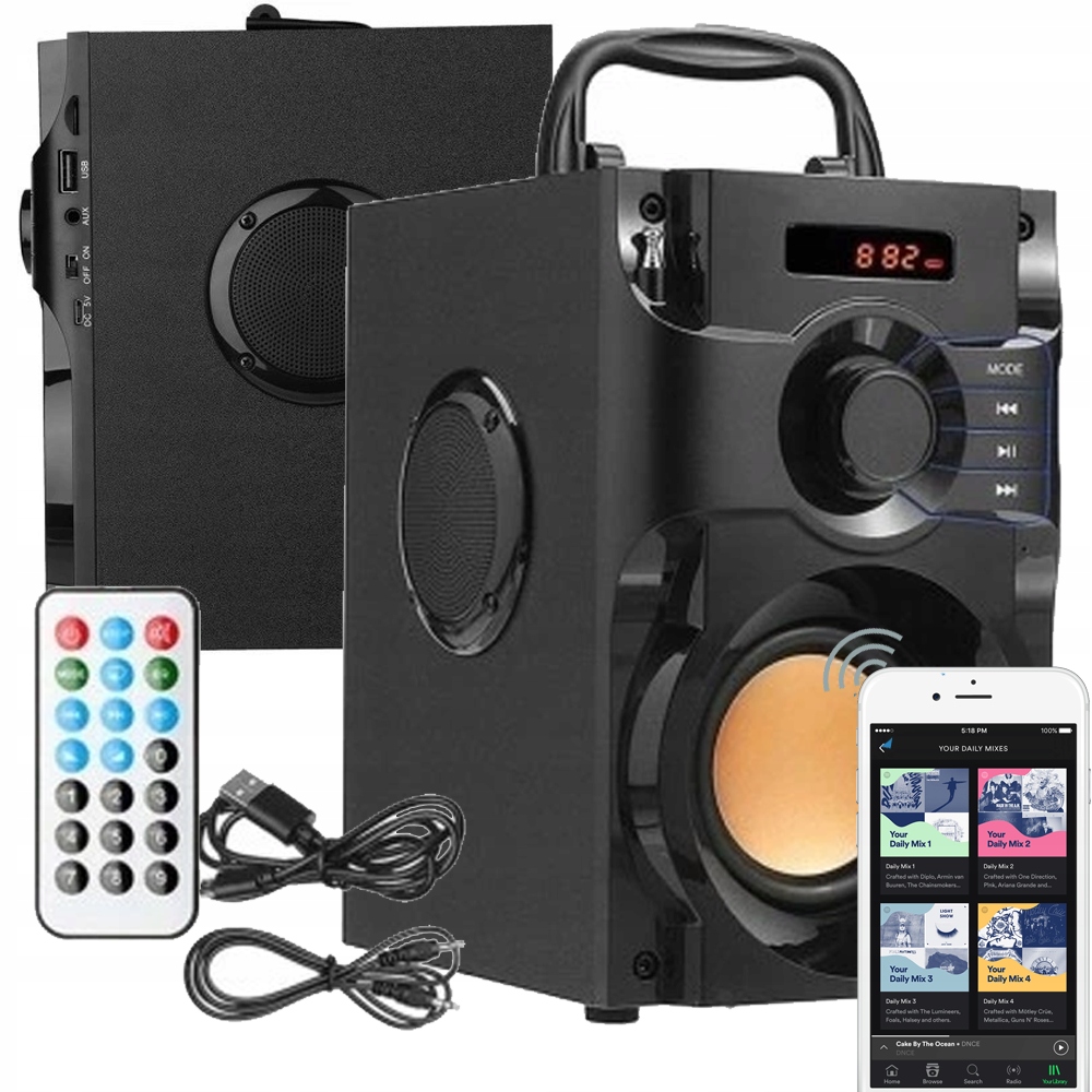 GŁOŚNIK BEZPRZEWODOWY BLUETOOTH MP3 RADIO FM SD STEROWANIE PILOTEM Z RĄCZKĄ Stan opakowania oryginalne