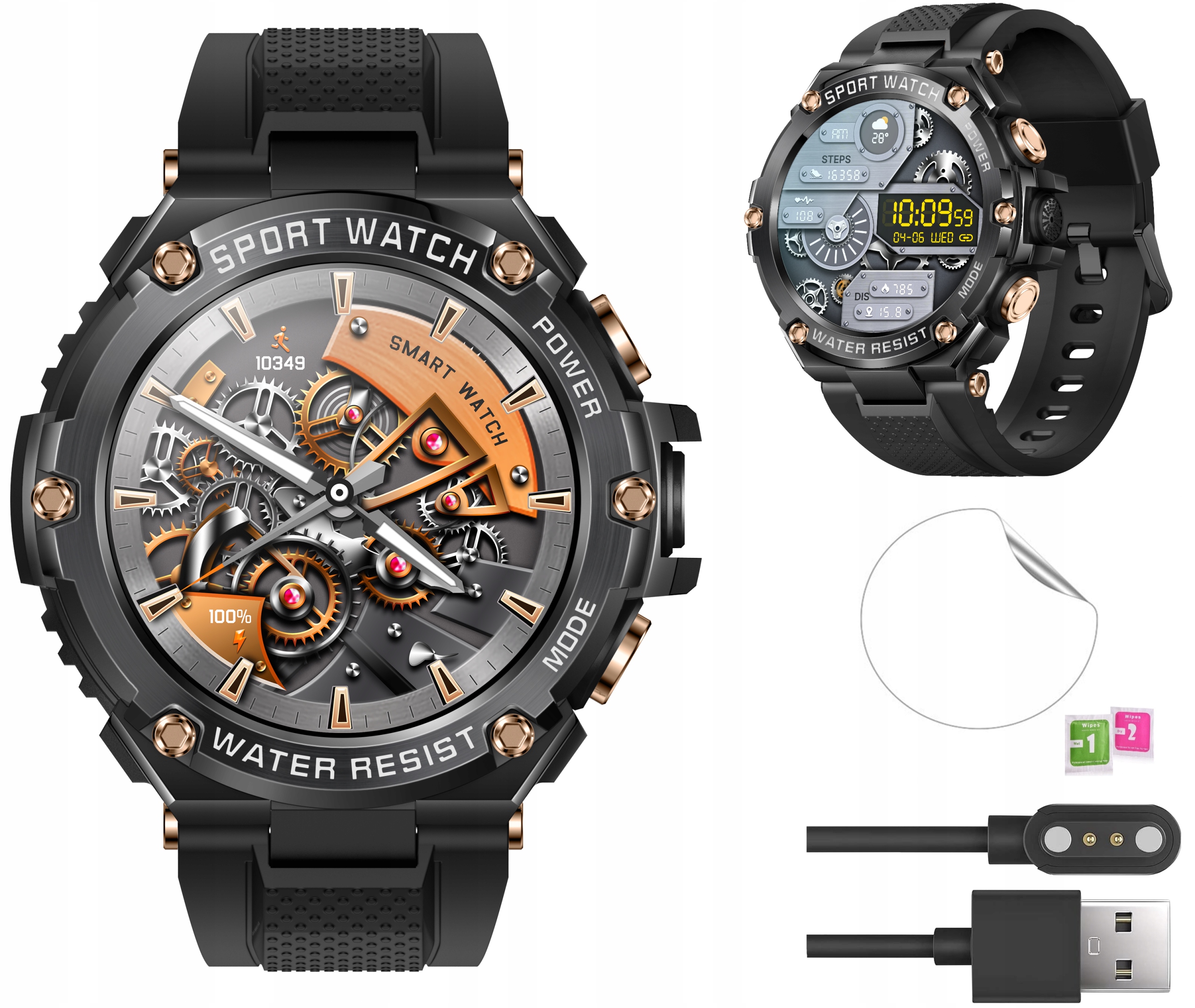 Smartwatch Męski zegarek Ogromna Bateria 800mAh Duża Tarcza Czarny