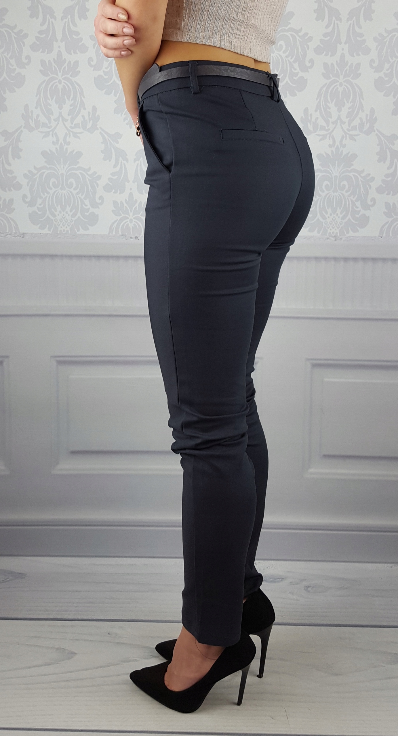 ELEGANCKIE SPODNIE DAMSKIE CYGARETKI FREESIA Pasek Kolor szary