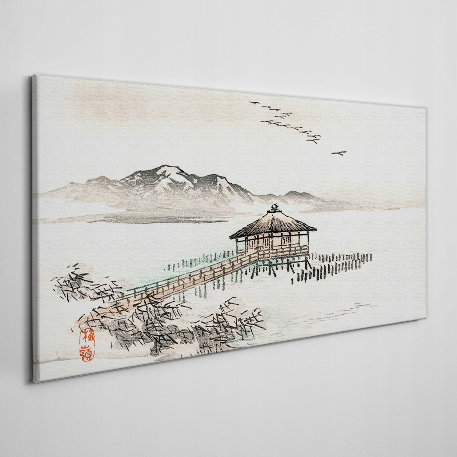 

Obraz na płótnie Jezioro chata góry ptaki 100x50