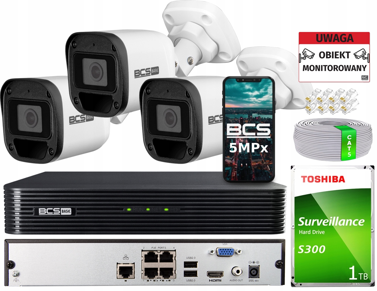 Sada na monitorovanie Ip PoE pomocou krútenej dvojlinky Bcs Basic 3 Kamery rekordér Bcs