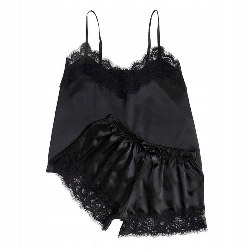 SATYNOWA KOSZULKA NOCNA PIŻAMKA ZE SPODENKAMI CZARNA ALITA