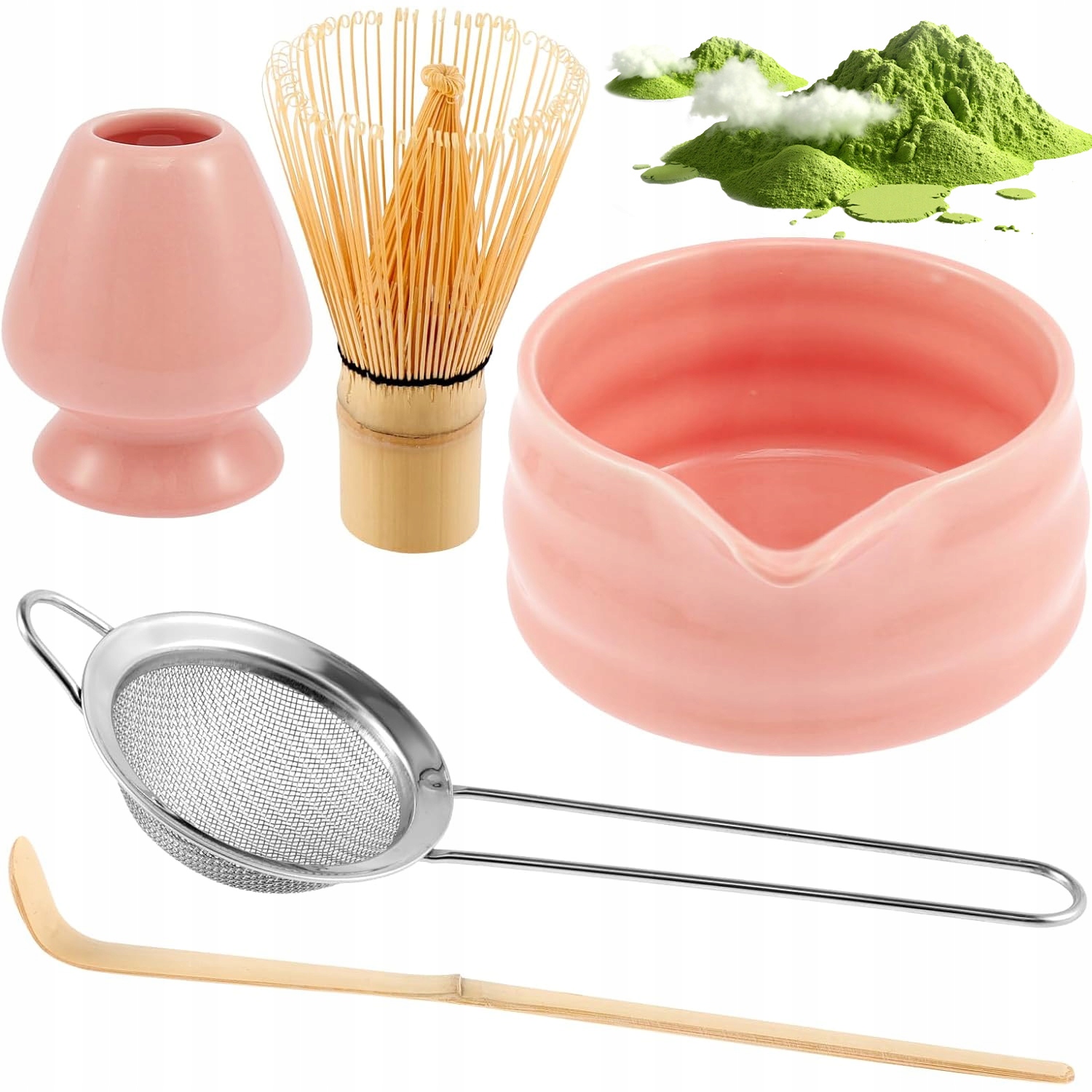 Japonská Sada Matcha 5V1 Růžová Bambus, Keramika, Metla 76 Zubů