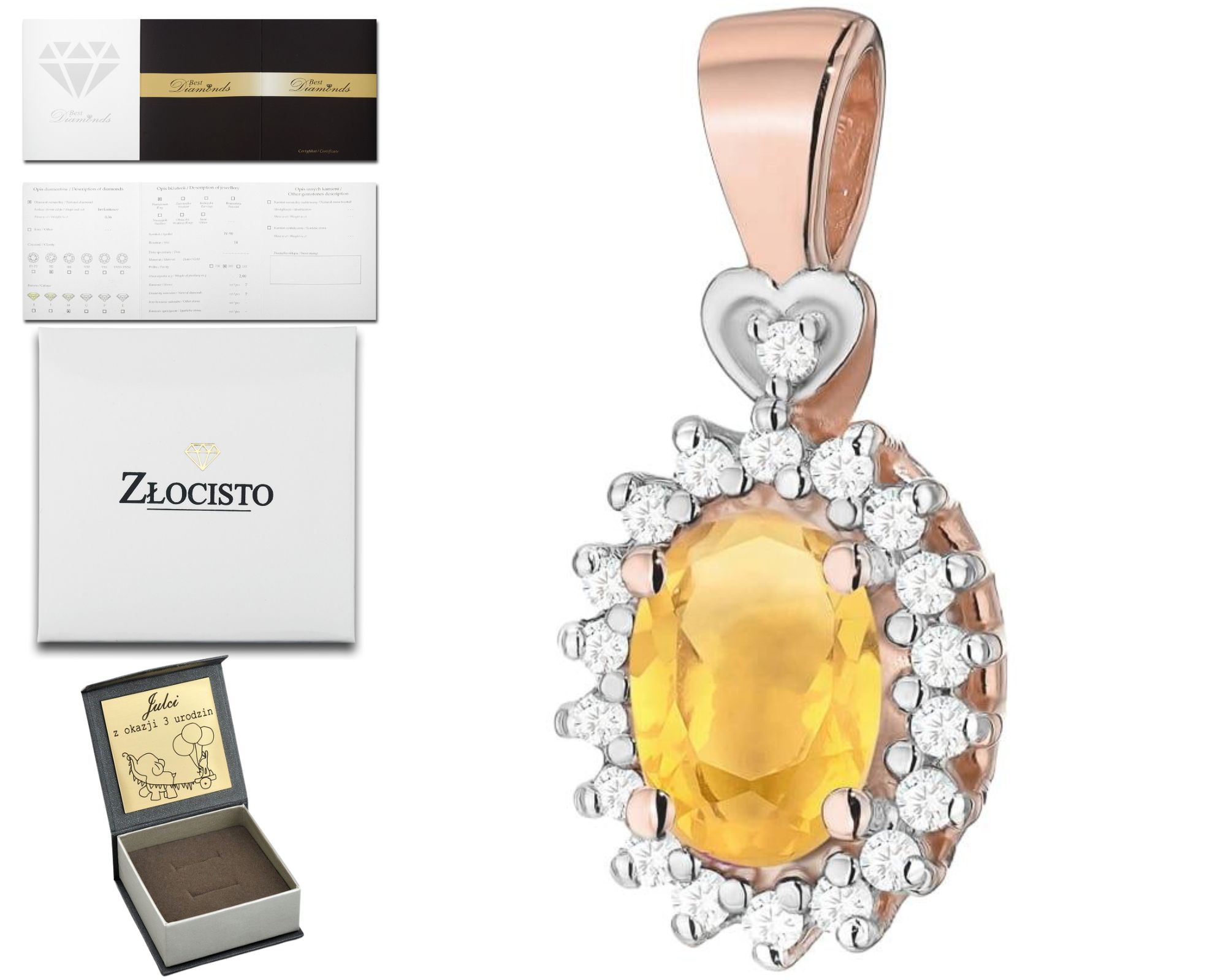 Růžové Zlato Přívěsek Briliant Diamant Citron 585 Dárek Gravírování