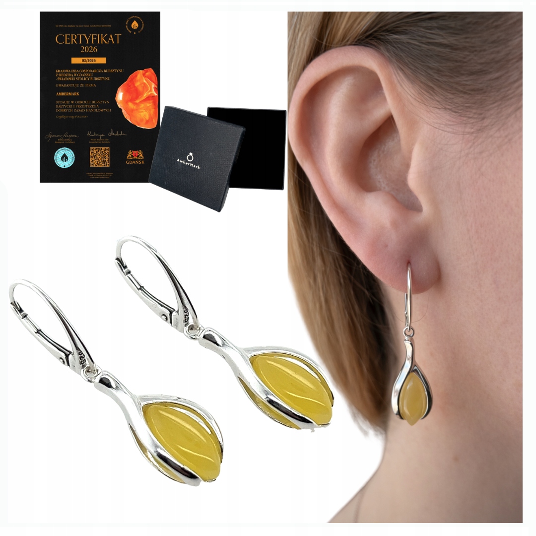 Stříbrné náušnice dlouhé visací náušnice se žlutým jantarem a anglickým zapínáním