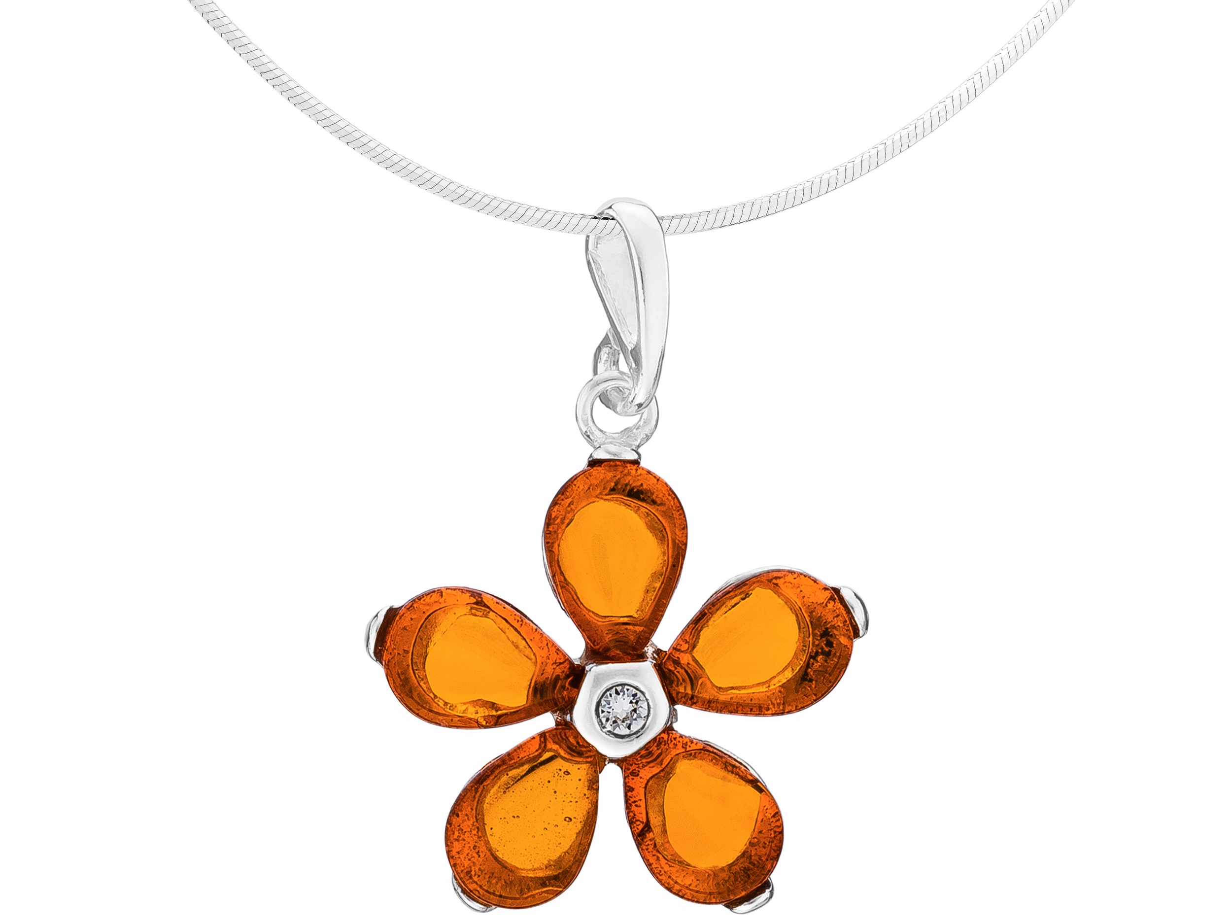 Dlouhý stříbrný dámský náhrdelník Květina s jantarem a zirkony, kytička, 55 cm