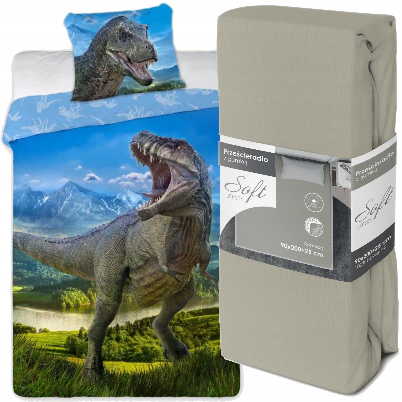 Kołdra pościel 140x200 T-rex poduszka 70x90 Prześcieradło z gumką 90x200 cm