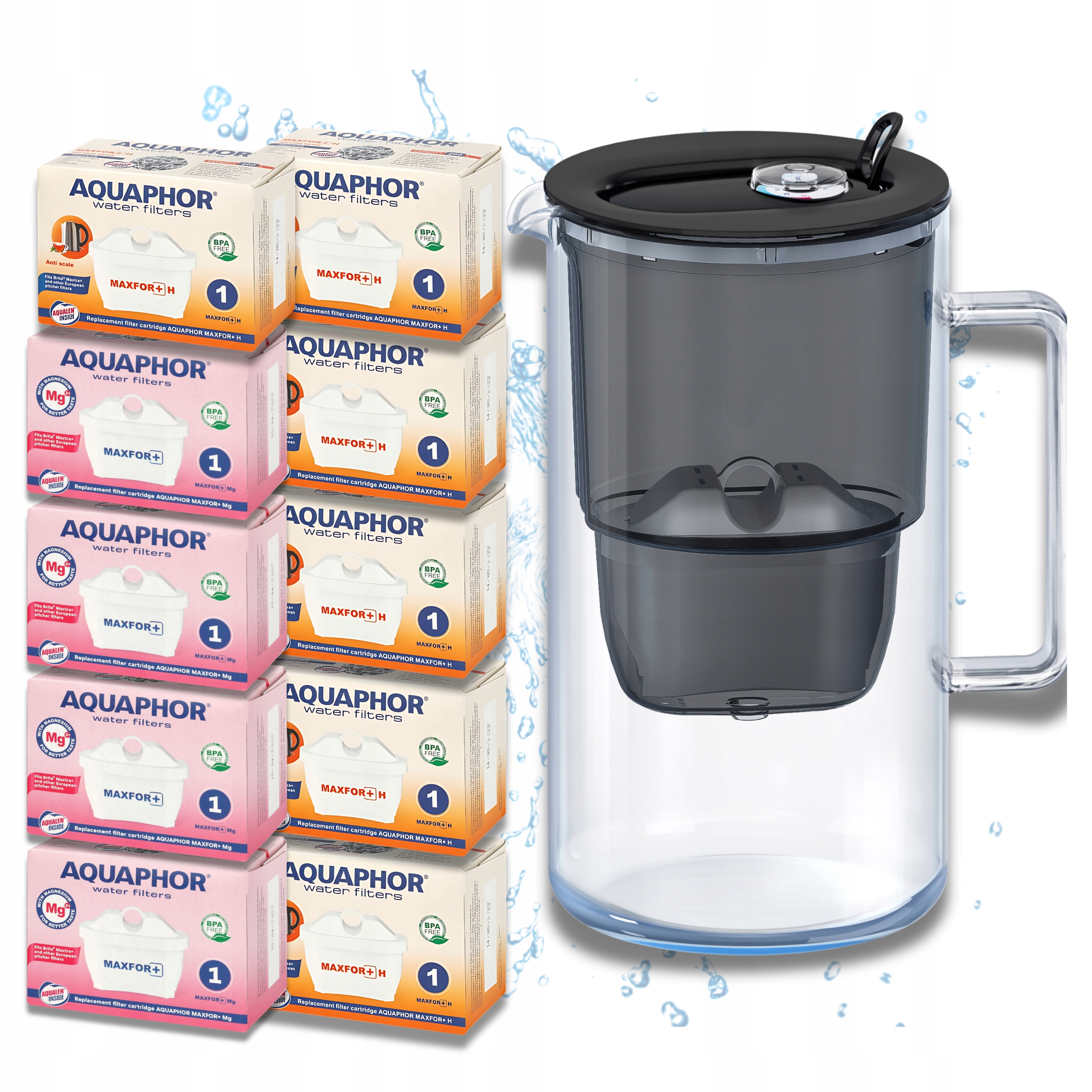 Filtrační konvice skleněná Aquaphor Glass černá 10 filtrů Maxfor (4Mg+6H)