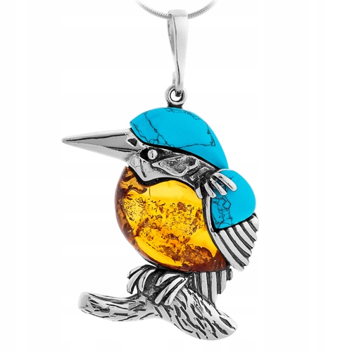 Stříbrný Přívěsek pták zimolez s Jantarem Turkus ze stříbra 925 Originální