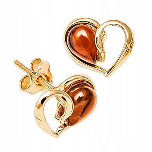 Zlaté Srdíčka náušnice puzetky s Přírodním Jantar stříbro Pozlacené