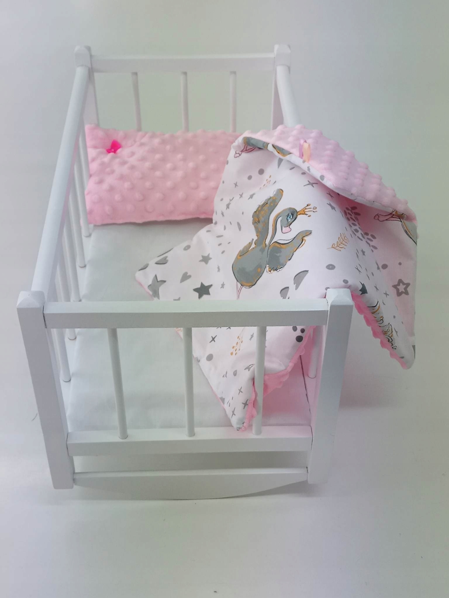 KOŁYSKA DREWNIANA BIAŁA dla lalek POŚCIEL MATERAC