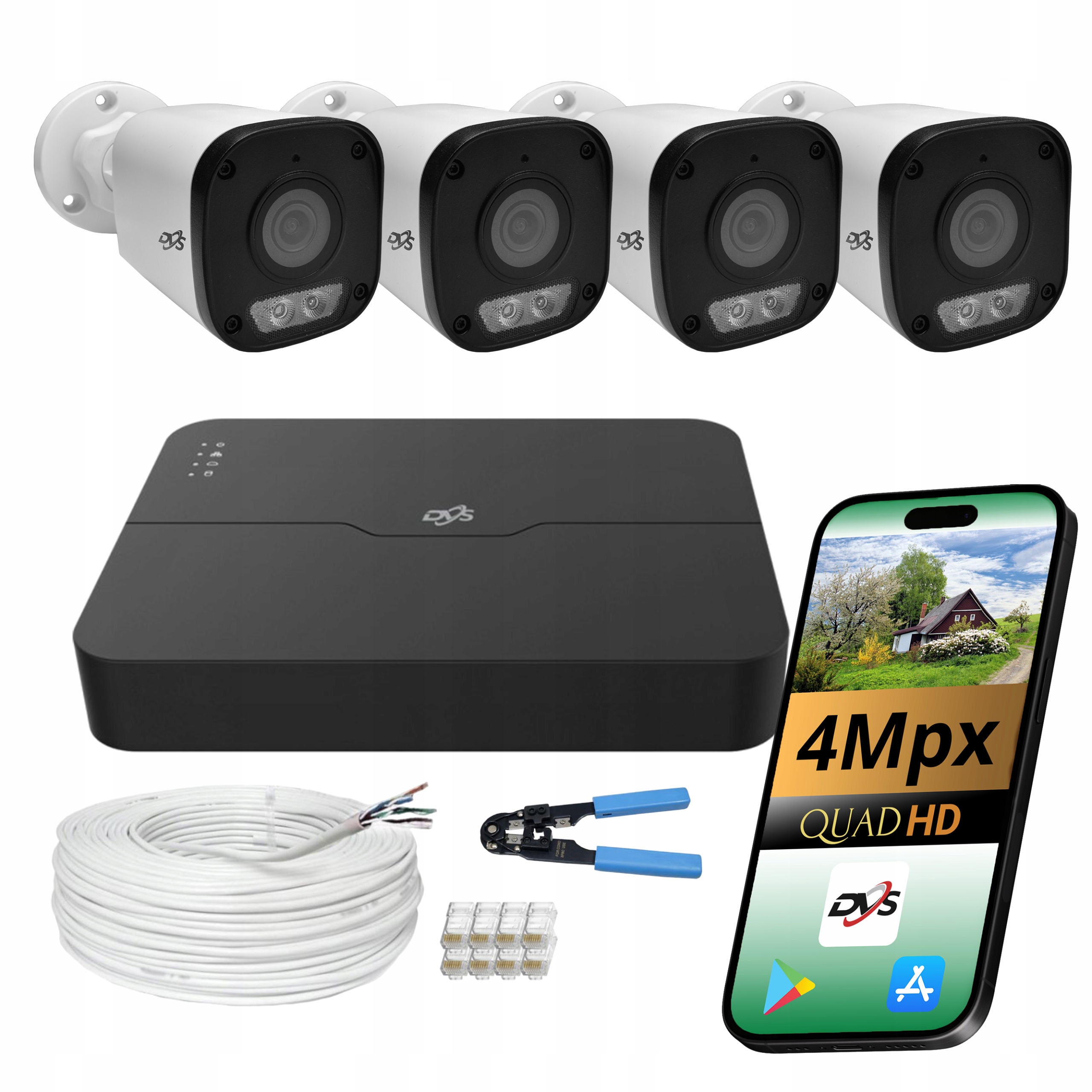 Sada pro monitorování domu 4 kamery Ip PoE 4Mpx Dual Light Dvs s aplikací