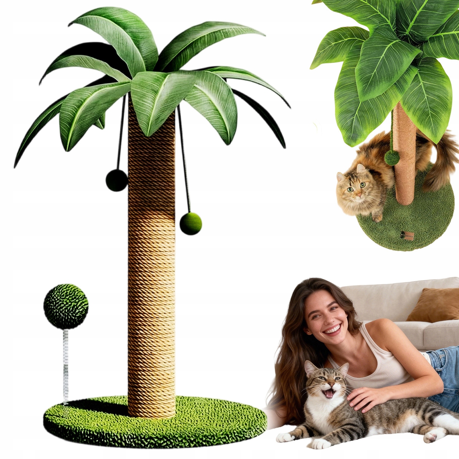 Kompaktní Škrabadlo Pro Kočky Premium Se Sisalem A Hračkami 63*41*41 CM Zelené