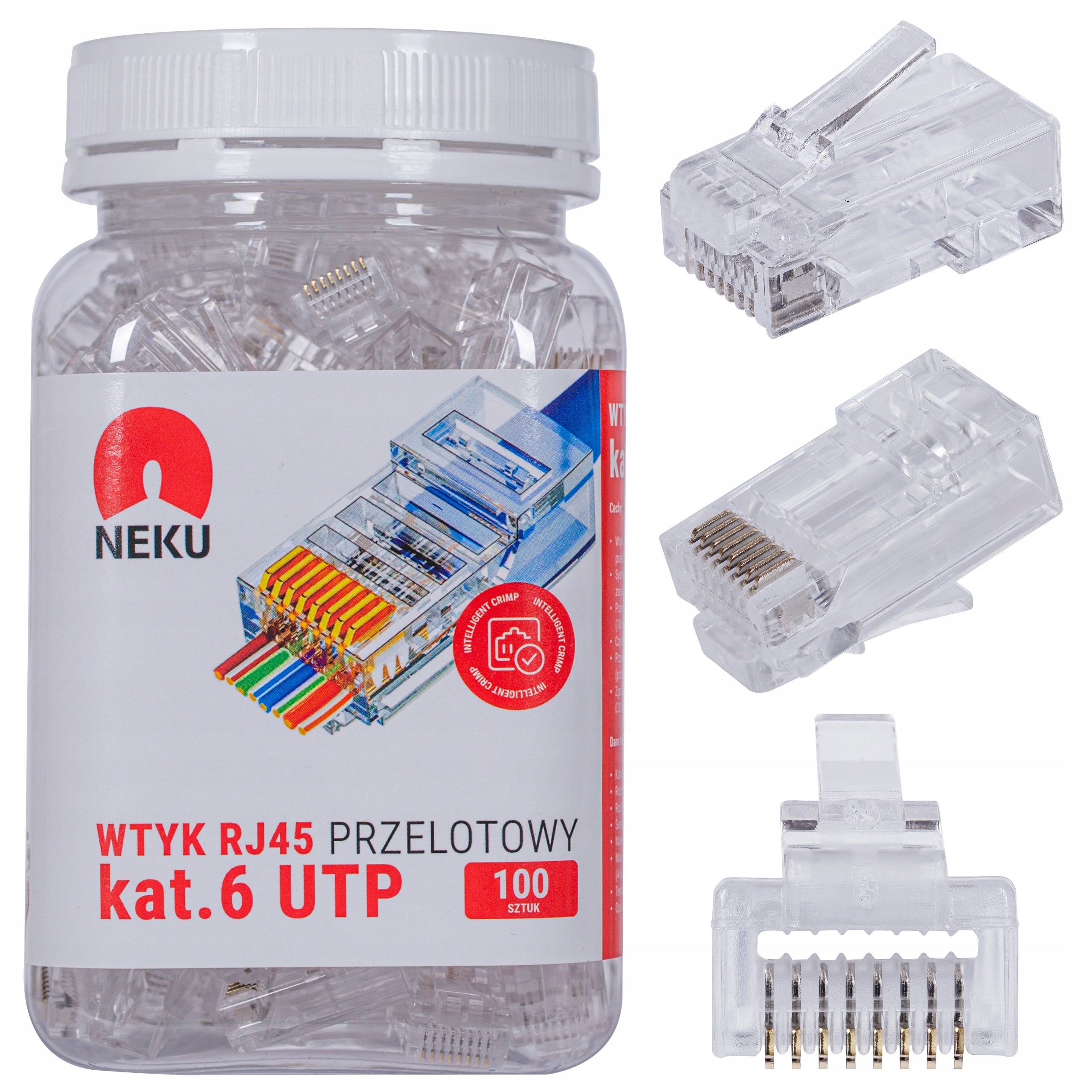 Wtyki przelotowe RJ45 8P8C kat.6 Utp uniwer. drut linka Neku słoik 100szt