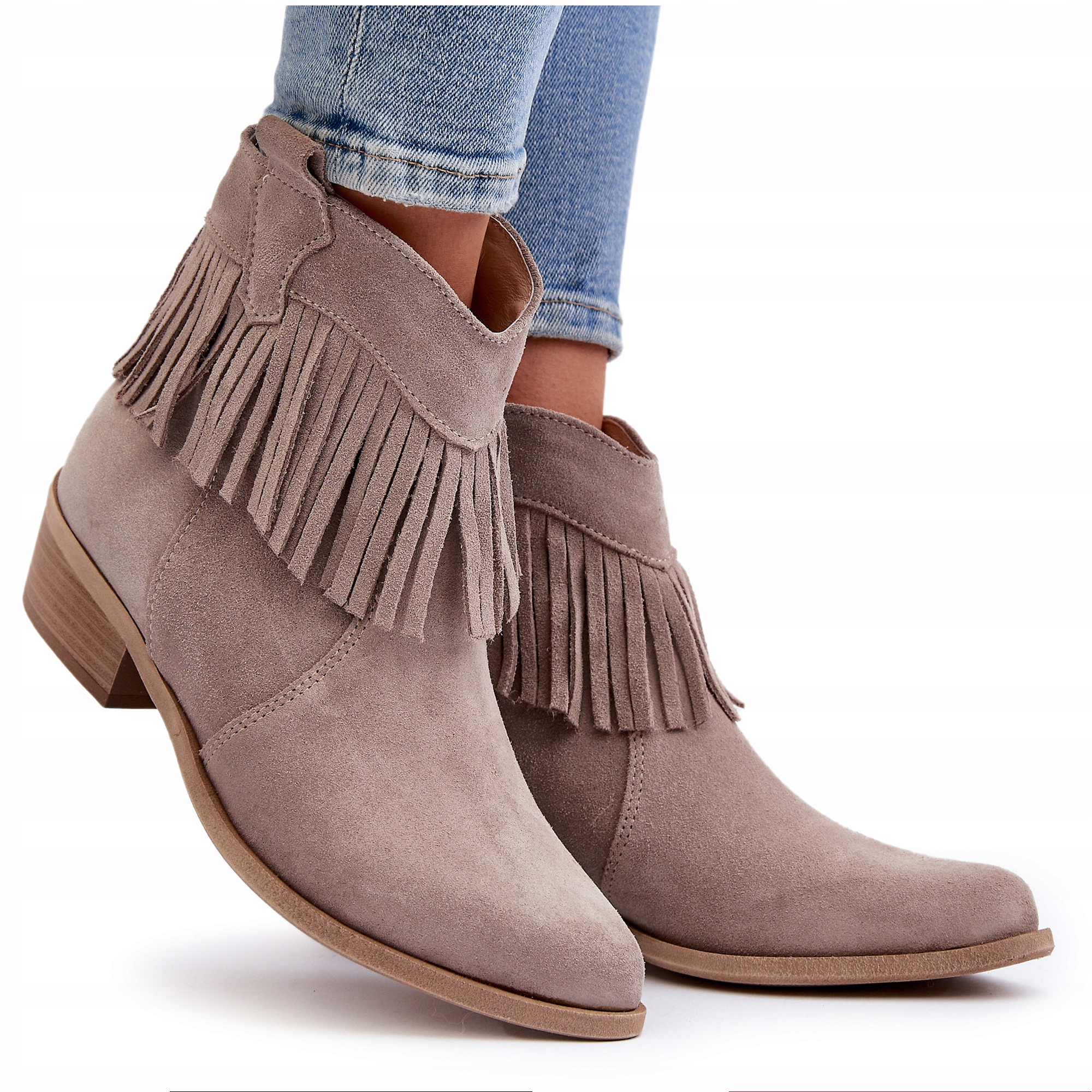 ZAZOO 3430 BOTKI ZAMSZOWE Z FRĘDZLAMI DAMSKIE CAPPUCINO 41