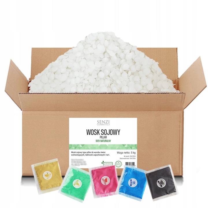 Sójový Vosk Pillar 5kg Svíčky Pillar sada barviv Mika 5x5g Bonus