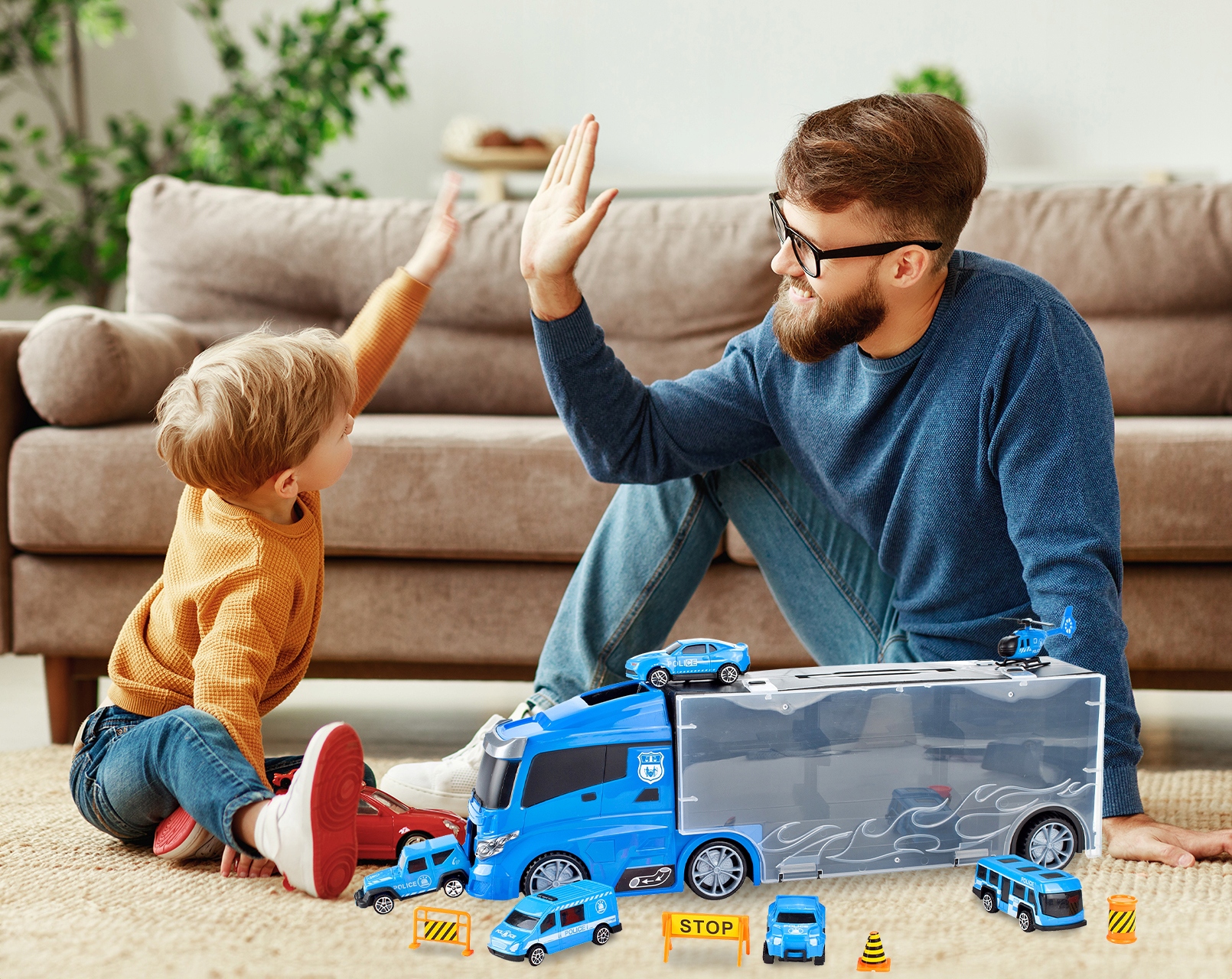 CIĘŻARÓWKA AUTA HELIKOPTER LAWETA POLICJA TIR Z SAMOCHODZIKAMI WALIZKA Marka MalPlay