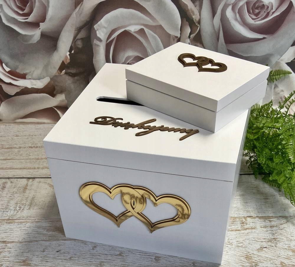 Pudełko na koperty + obrączki białe złote serca Marka inna