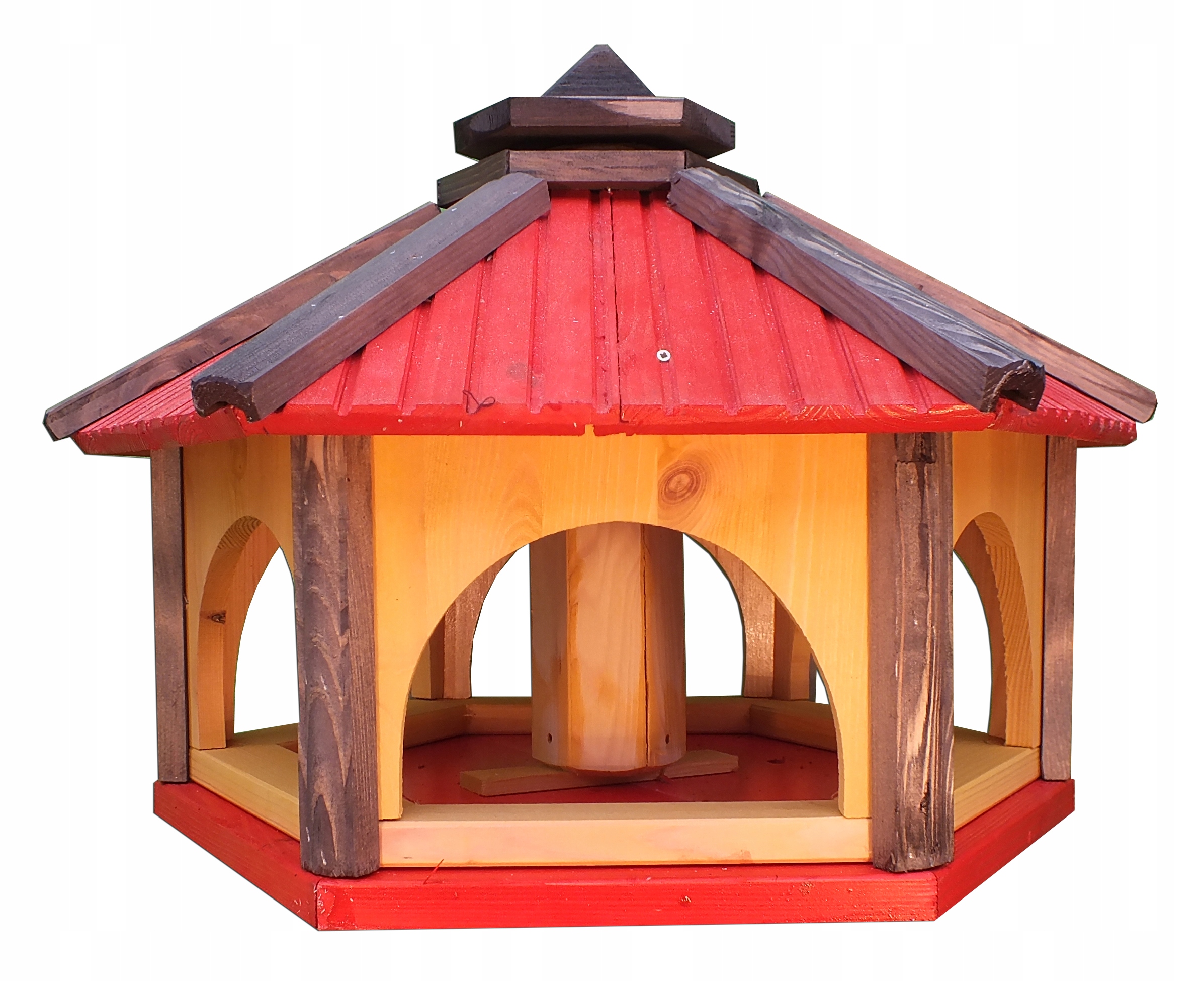Krmítko pro ptáky dřevo s červeným násypem, velký domeček pro ptáky KW60cz