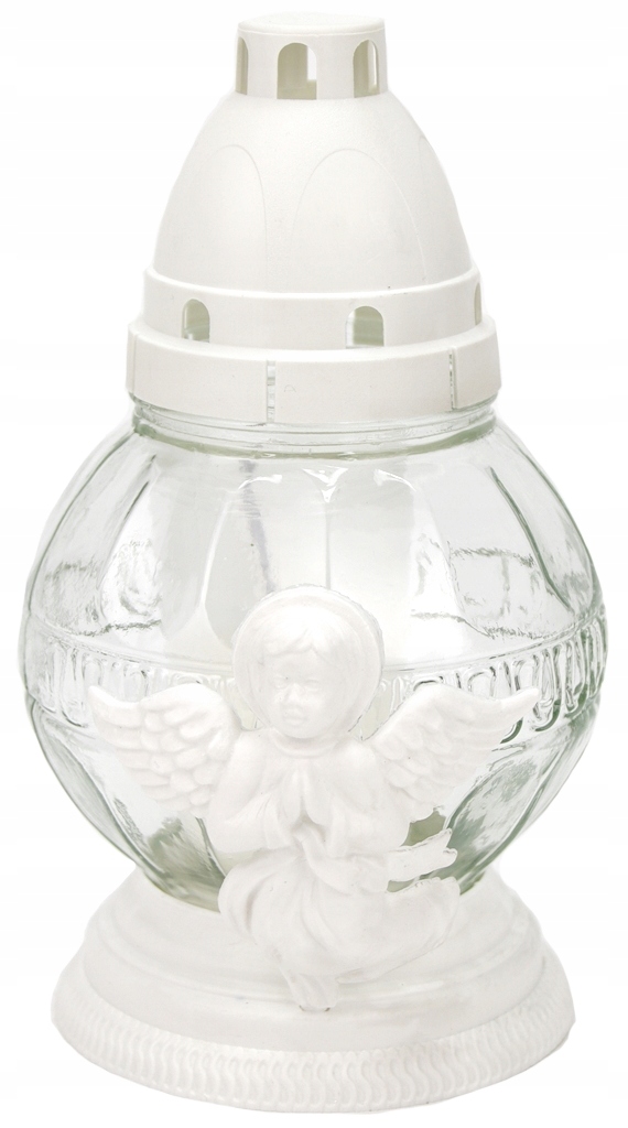Szklany ZNICZ BIAŁY ANIOŁEK KULA mały z wkładem 20h