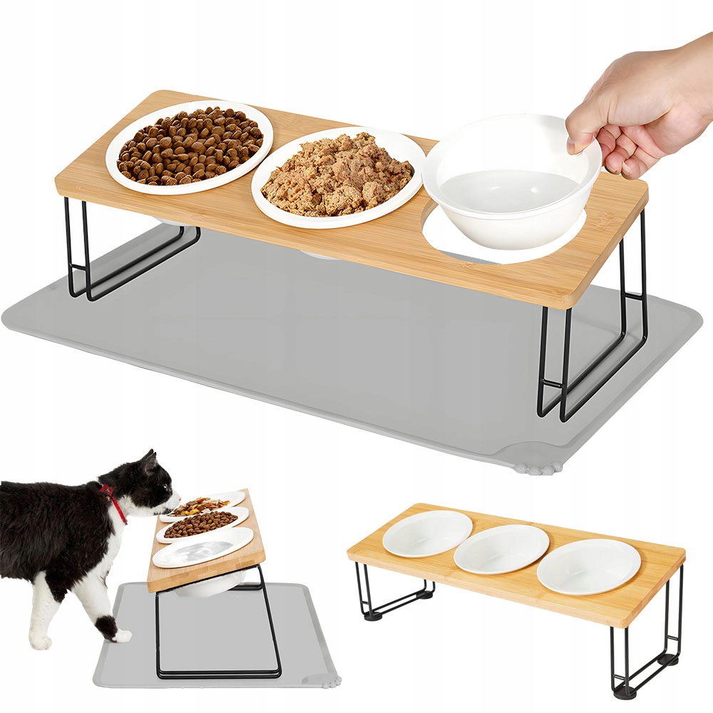 Levně 5V1 Sada Stojanu Na Krmení Pro Zvířata Se 3 Keramickými Miskami A Podložkou