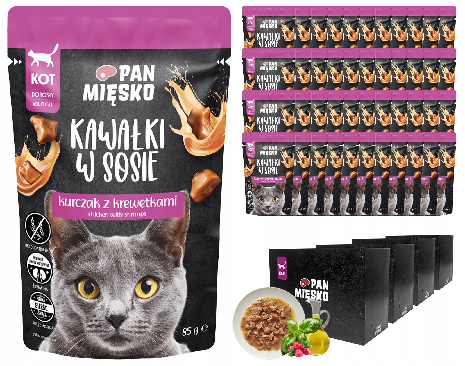 Pan Mięsko mokra karma dla kota Kurczak I Krewetki kawałki w sosie 48x85g