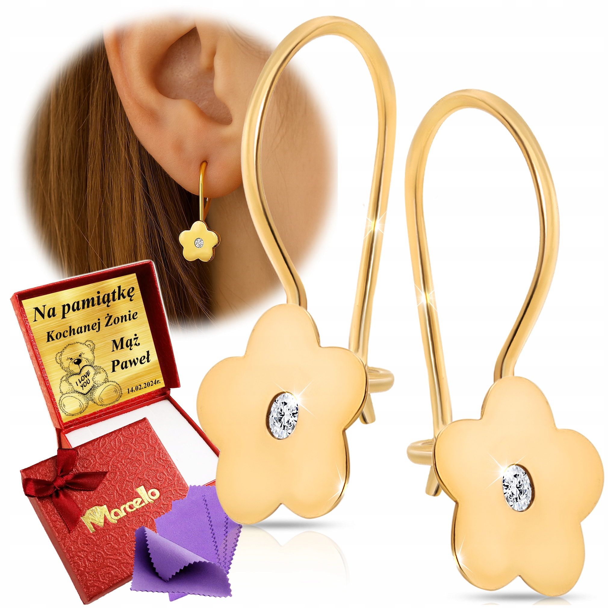 Złote Kolczyki Kwiatki Wiszące z Cyrkoniami 333 Dla Kobiety