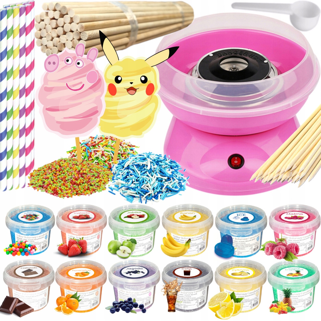 Sada Stroj na cukrovou vatu Cukr 12 x 100 g Kbelík tyčinky posypky