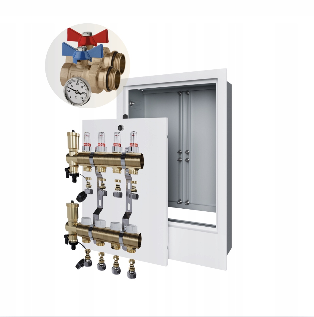 Rozdělovač podlahového vytápění 4 skříňka pod omítku+PEX+KULOVÝ Ventil Jednoduchý